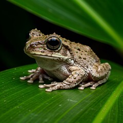 Fototapeta premium Frog on green leaf 