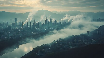 Naklejka premium Industrial Cityscape with Smokestacks, Misty River, Mountainous Background, Sunrise Sky, Pollution Effects, Urban Development, Environmental Impact on Nature