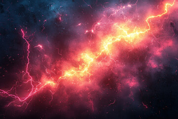 Fototapeta premium Fiery lightning strikes through colorful nebula space background, energy VFX