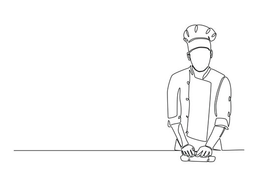 recommend clip art: Bakery workers kneading dough in continuous one line drawing. Single line art illustration of chef rolling dough using wooden rolling pins. Editable vector.