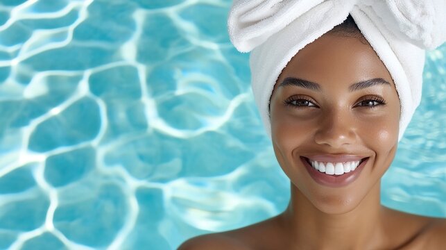 Smiling Woman with Towel on Head by Pool with Water Reflections