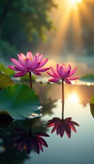 Lotus flowers and water lilies on the surface of a pond at dawn with mist rising from the water, reflection, nature
