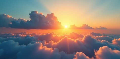 Morning sun shining through a gap in layered clouds, , clear sky path