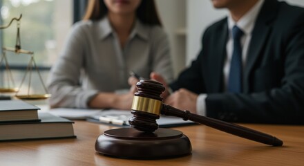 Legal proceedings, wooden gavel in foreground, blurred couple in background, courtroom drama