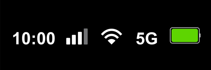 Status bar icon isolated on white background. Phone bar status Icons, battery drain in green, Mobile indicator of time, Wi-Fi signal. Vector Illustration
