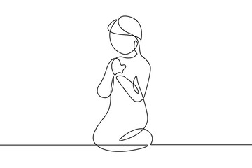 Prayer Girl Continuous Single Line Art Drawing. Prayer Minimalist Concept. Help Concept Linear Drawing Minimalist Simple Linear Style. Vector Outline Doodle Hand Draw Illustration