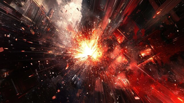 Fiery explosion in futuristic city; debris and sparks fly. Illustrates destruction, chaos, or apocalyptic themes; ideal for sci-fi or action projects.