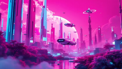 Futuristic Pink Cityscape with Flying Vehicles