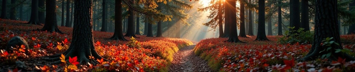 Fototapeta premium Red pine forest with a winding path through the undergrowth, forest, scenery