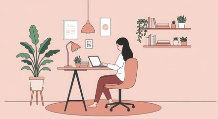 Illustration woman working at desk home office laptop potted plants minimalist design pastel pink