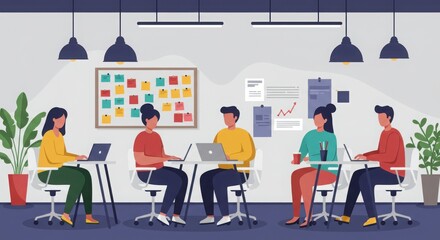 Office team meeting, diverse group, collaborative workspace, modern office interior