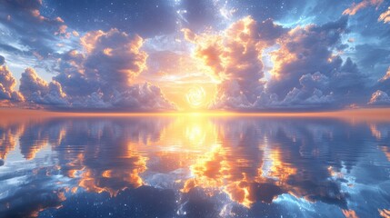A beautiful sunset over a calm ocean with a reflection of the sun in the water