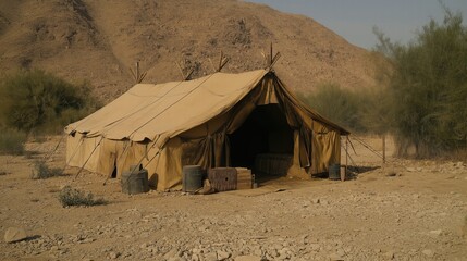 Desert Canvas Tent in Barren Landscape
