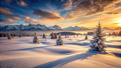 Snowy mountains dominate a cold, AI-generated arctic landscape; a frozen wilderness, nature's icy beauty.