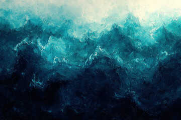 Fototapeta premium Turquoise ocean waves crashing, dark depths below, textured brushstrokes, abstract seascape background