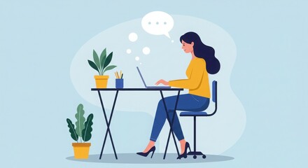 Fototapeta premium Female professional, working on laptop, home office, minimalist desk, potted plants, yellow