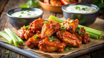 Spicy chicken wings, vibrant blue cheese dip, and fresh celery; a mouthwatering macro food photography masterpiece.