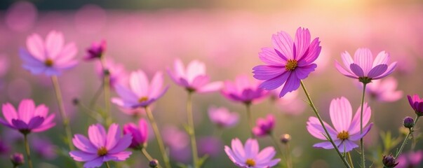 Soft purple cosmos blooms in a field of gentle hue, nature scene, cosmos flowers