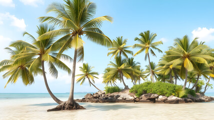 Fototapeta premium A tropical island with palm trees and clear water, detailed 8K, vibrant and isolated on white background