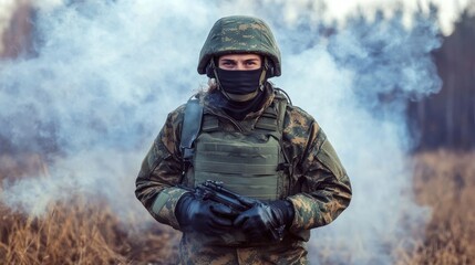 Naklejka premium Female soldier in camouflage uniform and tactical gear stands in smoky field.