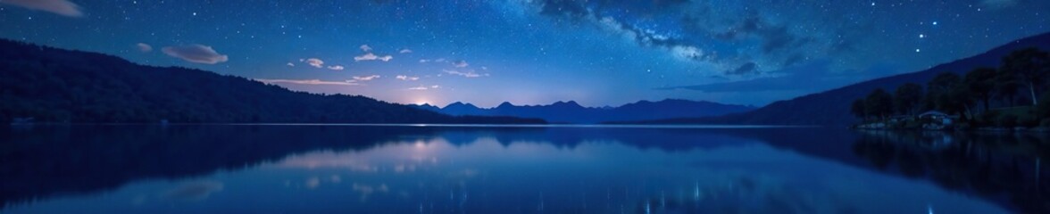 Fototapeta premium Starry night sky reflected in calm lake with subtle ripples, gentle, peaceful, night sky
