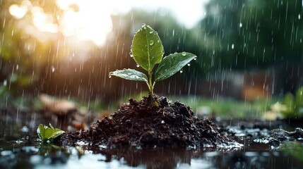 Rainy day growth young plant sprouting from soil outdoor garden nature photography calm environment