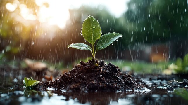 Rainy day growth young plant sprouting from soil outdoor garden nature photography calm environment