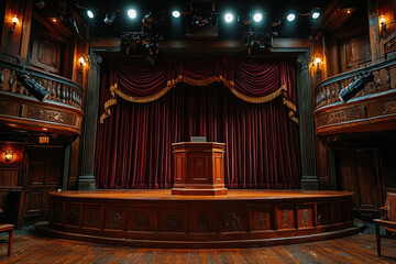 Empty ornate theater stage with podium, red curtains, balconies, spotlights
