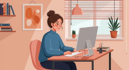 Cheerful young woman working at desk, home office, blue sweater, brown hair in bun, desktop