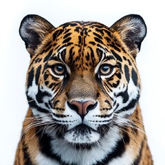 Obraz premium Jaguar portrait, intense gaze, white background, wildlife.