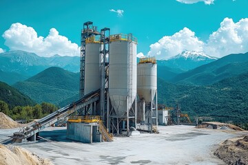 Obraz premium Industrial plant with silos against mountains. Illustrates industrial processes, resource extraction, or construction.