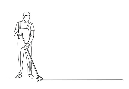 recommend clip art: Man mopping floor in continuous one line drawing. Single line art illustration of cleaning service worker. Editable vector.