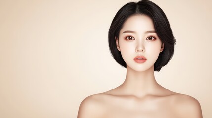 Naklejka premium Striking portrait, woman with short black hair and pink lips a captivating closeup