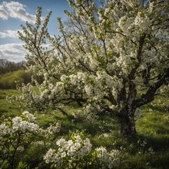 Fototapeta premium White blossoms of hawthorn trees in a rustic countryside setting.