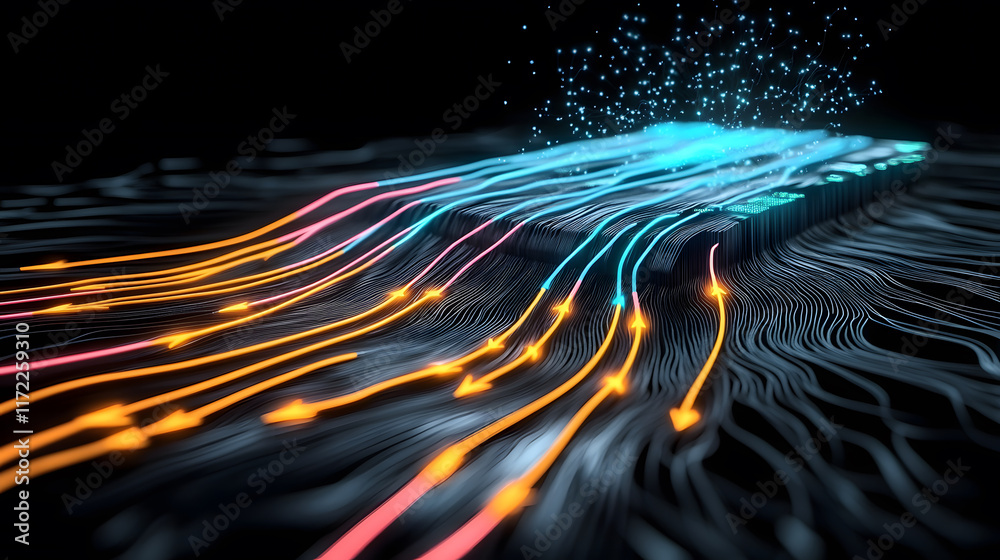 Poster A digital visualization of fluid dynamics, showcasing colorful lines representing flow and movement against a dark background