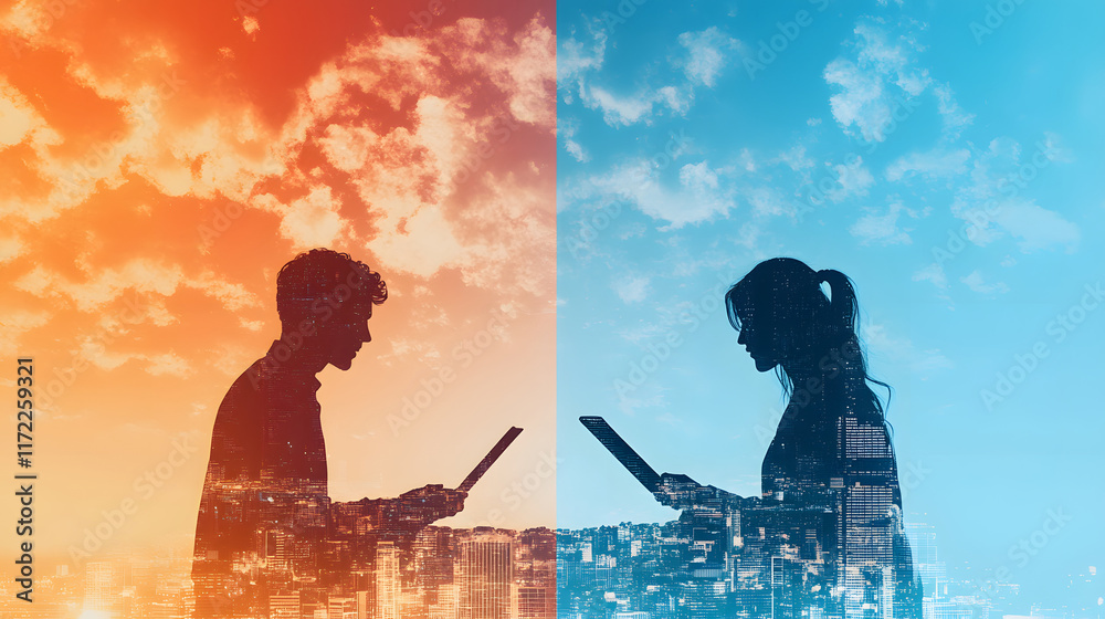 Aufkleber a split image featuring a man and a woman using laptops against colorful, sky-themed backgrounds, sy