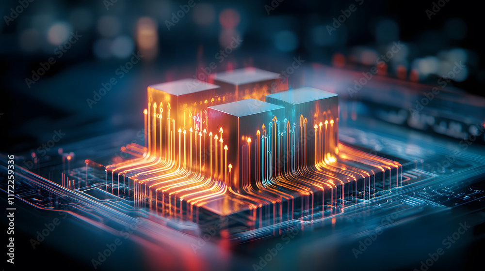 Poster A vibrant close-up of a microchip with glowing circuits, showcasing the intricate technology of modern computing