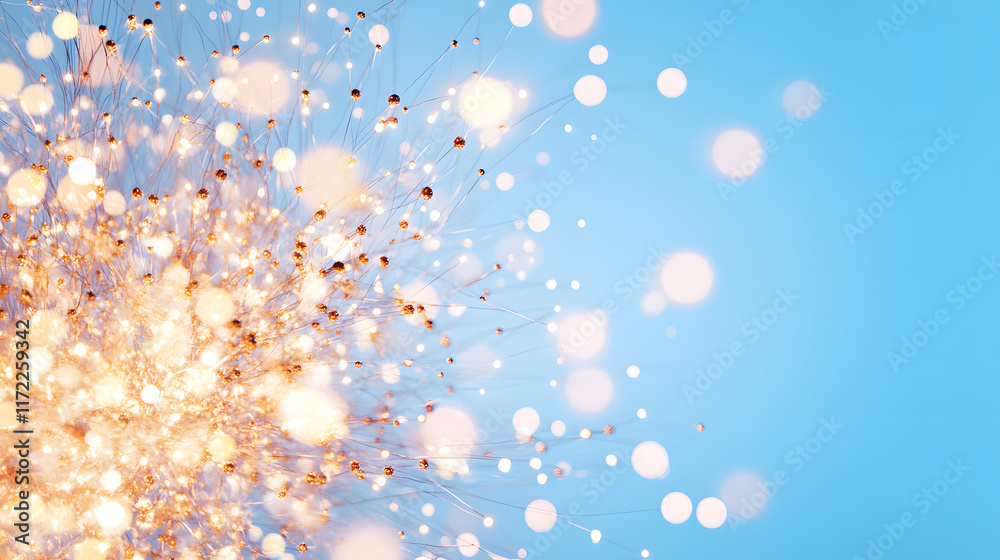 Poster a vibrant explosion of light particles against a blue background, creating a sense of movement and e