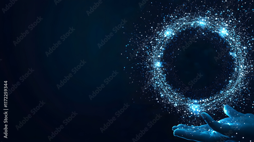 Poster a glowing, circular pattern of blue particles emanates from a hand against a dark background, evokin
