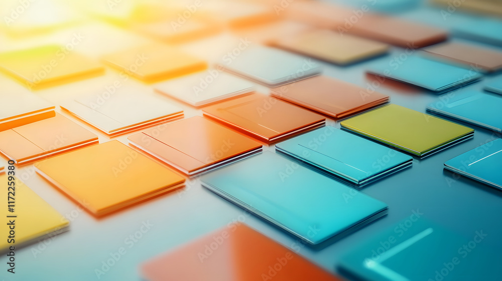 Poster A vibrant arrangement of colorful, overlapping squares, creating a dynamic and modern visual effect with a soft light glow in the background