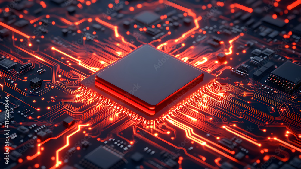 Aufkleber A close-up view of a computer chip on a circuit board, surrounded by glowing red lines, showcasing modern technology and intricate design