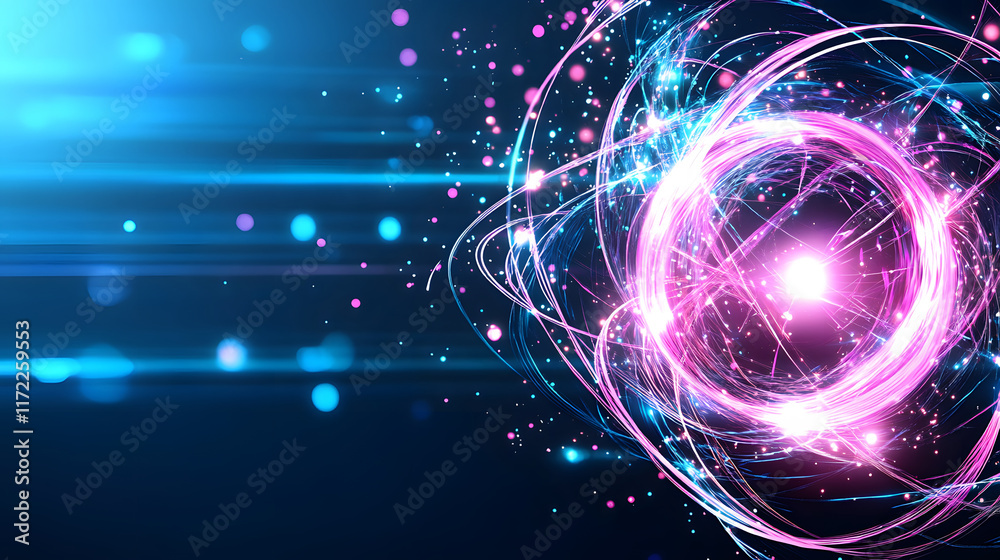 Poster a vibrant, abstract representation of atomic structure, showcasing swirling particles and energy wav