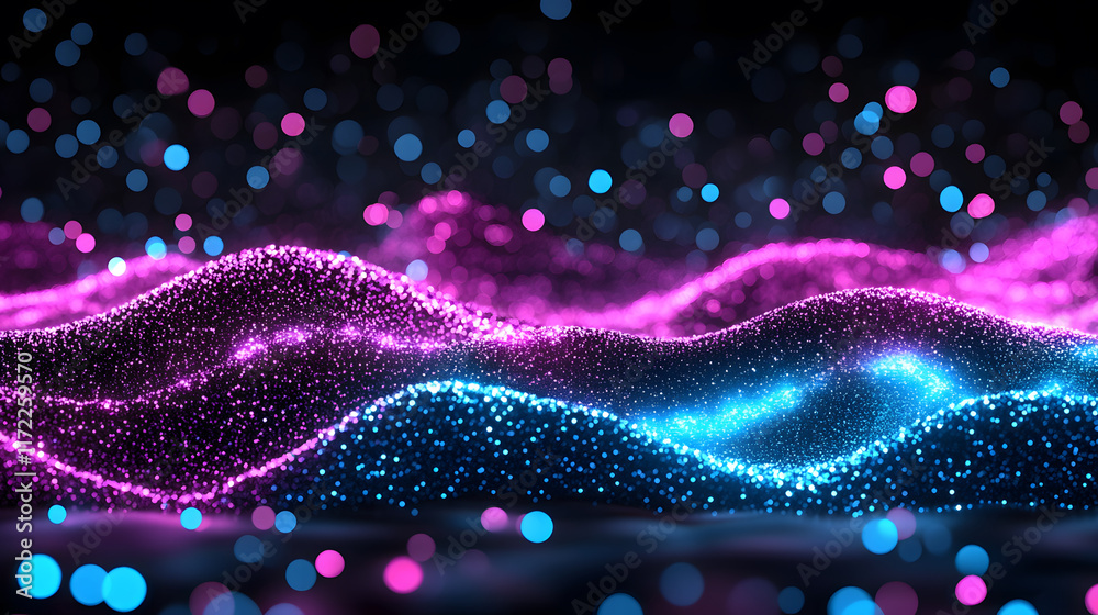 Poster vibrant waves of pink and blue light particles create a mesmerizing, abstract digital landscape with