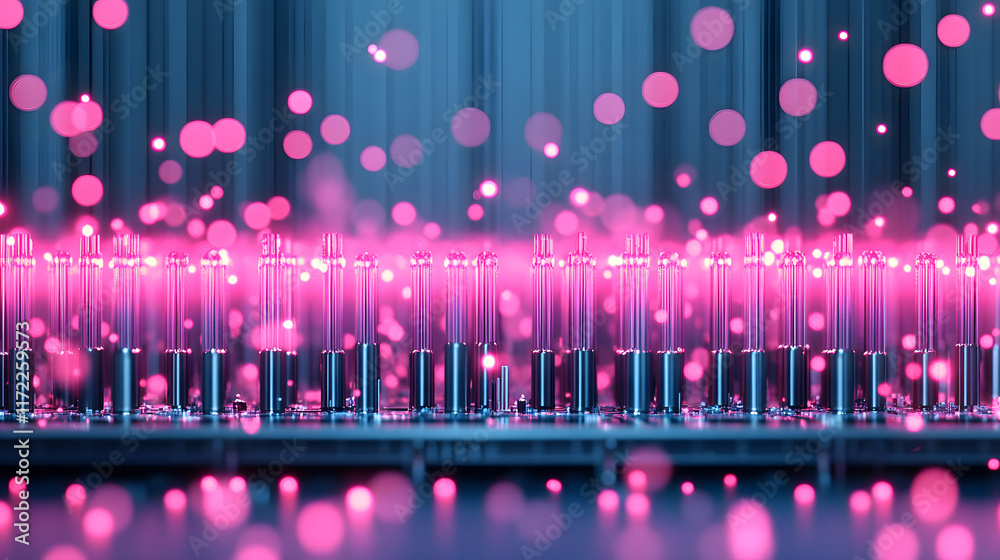 Poster A vibrant, abstract image featuring glowing pink lights and blurred circles, creating a futuristic atmosphere with a sense of depth and movement