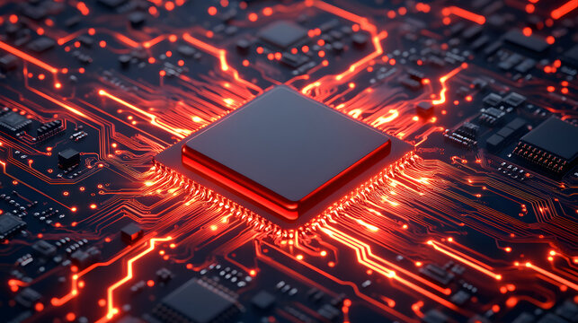 A close-up view of a computer chip on a circuit board, surrounded by glowing red lines, showcasing modern technology and intricate design