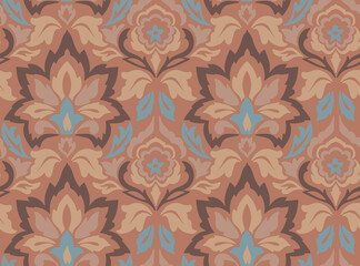 Colorful floral pattern showcasing intricate design with blue, coral, and cream tones suitable for textiles and wallpaper, Mocha Mousse Pantone 2025
