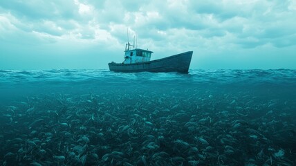 Obraz premium Fishing vessel surrounded by schools of fish ocean waters underwater photography natural environment aerial view