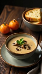 Wooden table with a bowl of creamy mushroom soup and a plate of bread, wood, soup