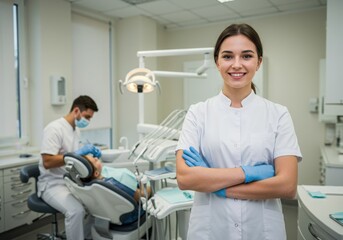 Dental office interior, smiling female dentist in foreground, white lab coat, blue gloves