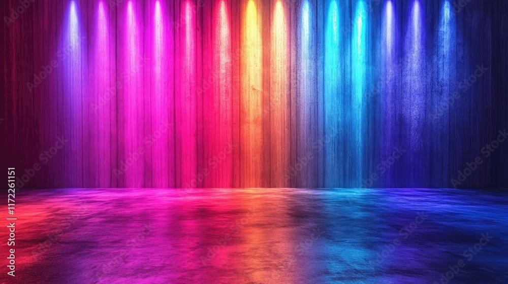 Aufkleber a 3d render of an empty room with a concrete floor, featuring colorful neon lights on the walls, vol